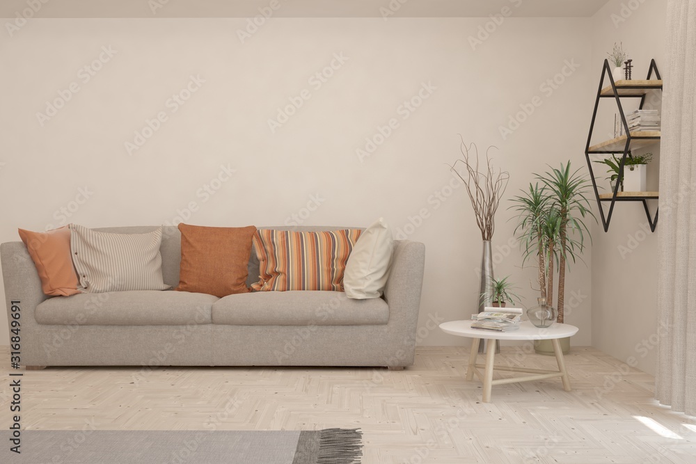 Fototapeta premium Stylish room in white color with sofa. Scandinavian interior design. 3D illustration