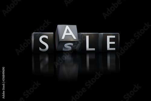 Plastic black dice with sale word discount black friday day concept. The view from the front on a black background isolate. Realistic 3D render.