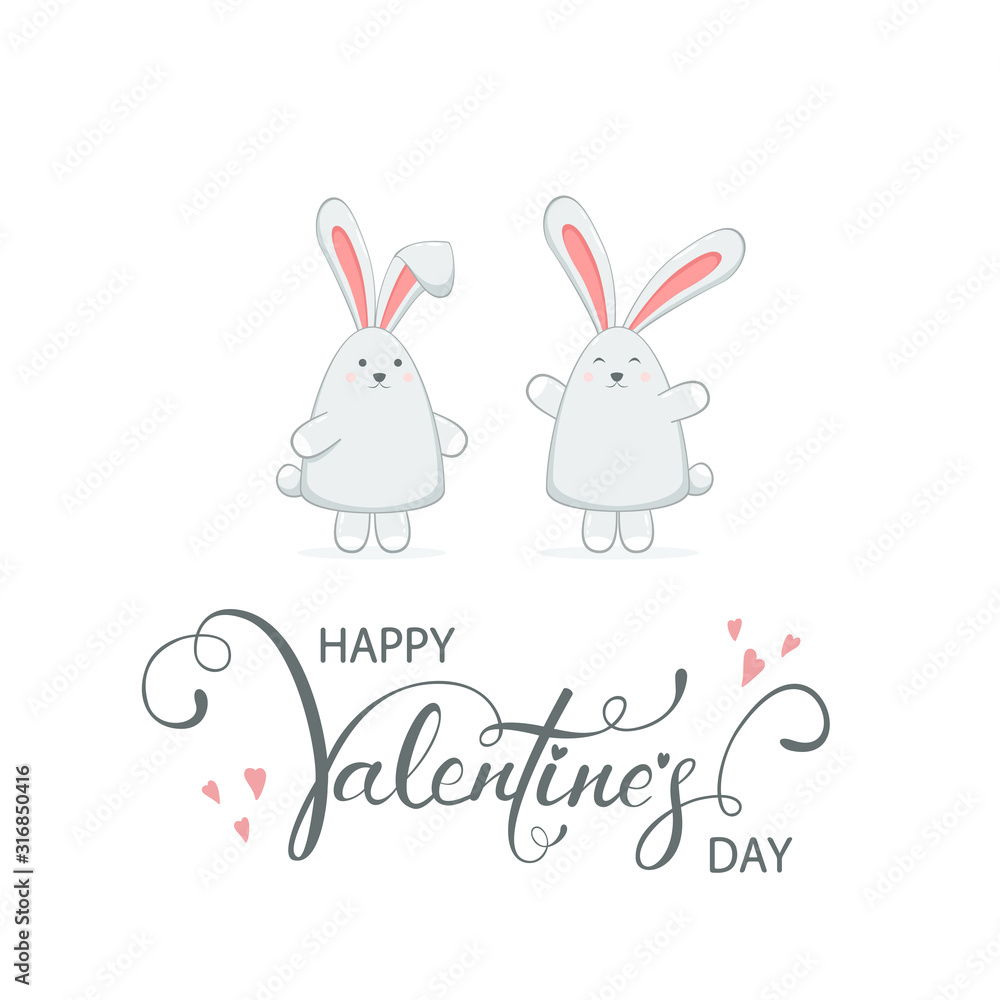 Rabbit Couple and Valentines Hearts on White Background Rabbit Couple and Valentines Hearts on White Background