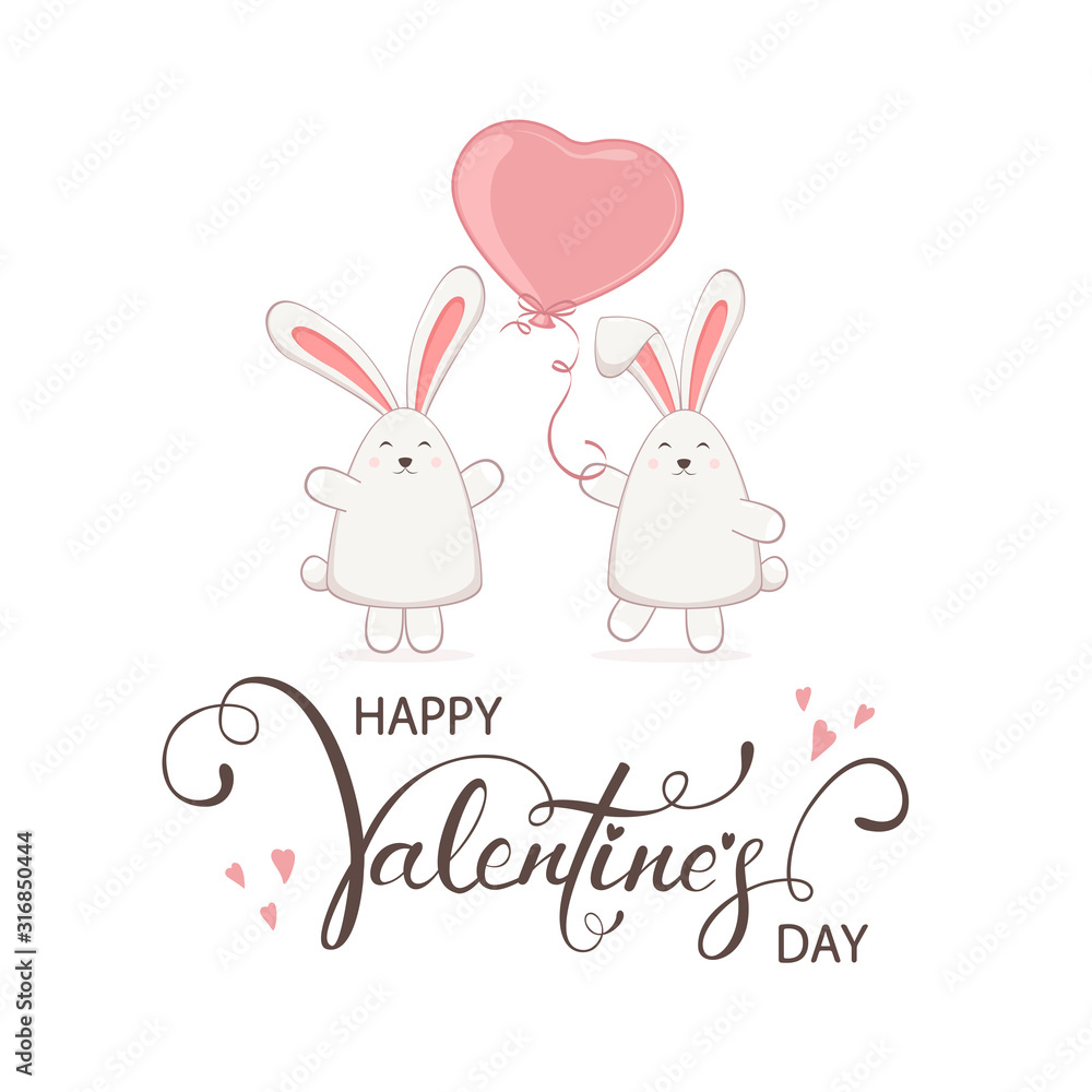Two Rabbits and Pink Valentines Heart on White Background Two Rabbits and Pink Valentines Heart on White Background