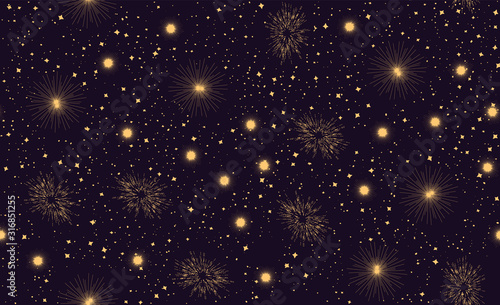 Seamless pattern with space graphic elements on dark background. Decorative galactic backdrop