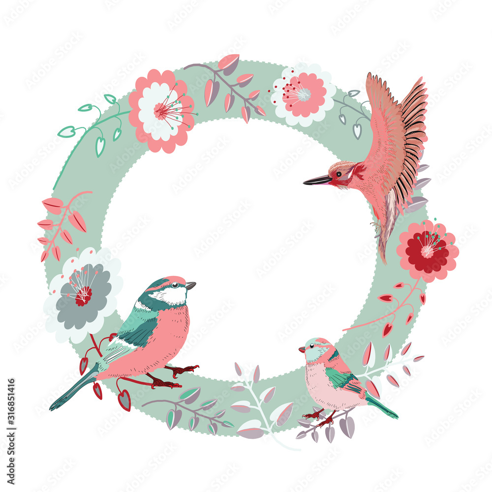Beautiful floral frame with birds. Light green round frame on white background