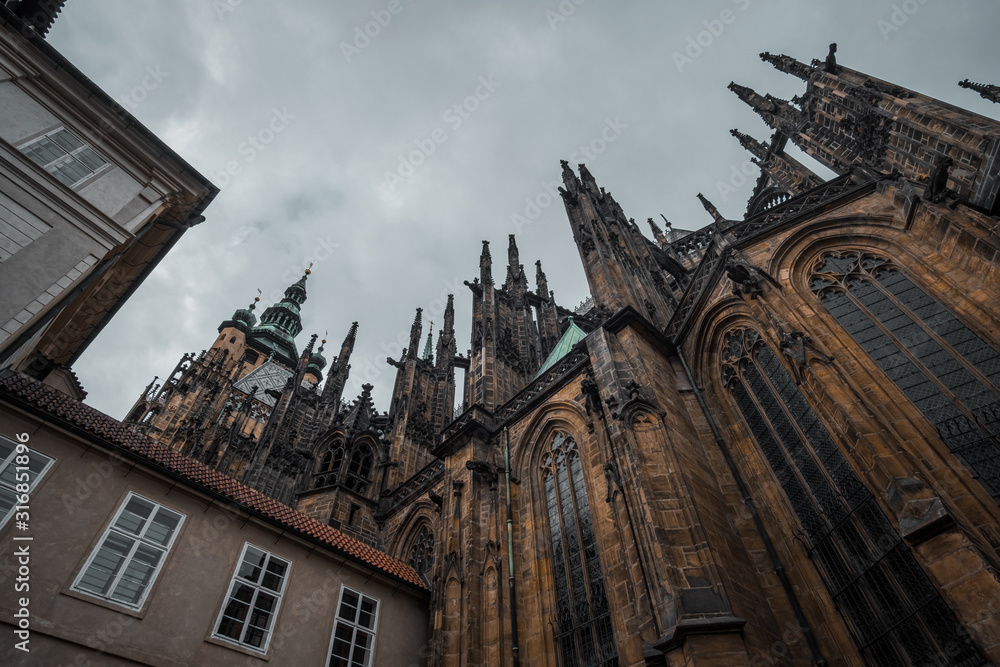 St. Vitus Cathedral at Prague Castle during cloudy weather. 