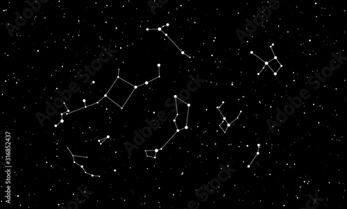 Abstract black background with stars and constellations for your design. Vector starry night sky. Space backdrop.