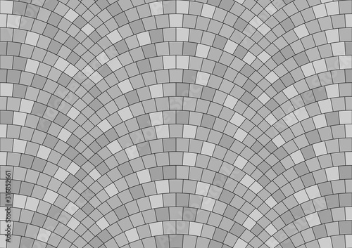 Seamless gray texture of radial street pavement. Repeating circle pattern of grey cobble stone background