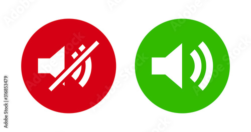 Volume sound and mute icon on green and red flat button