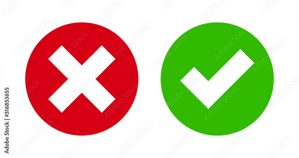 Check mark and cross mark icon on green and red flat button Check mark and cross mark icon on green and red flat button