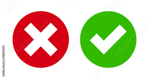 Check mark and cross mark icon on green and red flat button