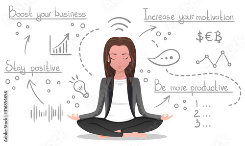 Business yoga concept, woman meditates, make plans and generates ideas on white isolated background. Office concentration yoga, meditation zen pose, hand drawn line icons, cartoon vector illustration.