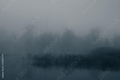 Mysterious fog on the river. Web banner.