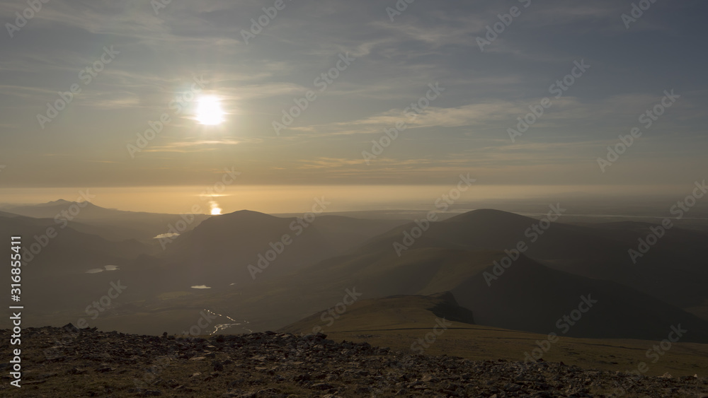 North Wales mountains aerial view at sunset