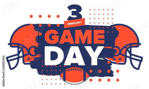 Game Day. American football playoff. Super Bowl Party in United States. Final game of regular season. Professional team championship. Ball for american football. Sport poster. Vector illustration