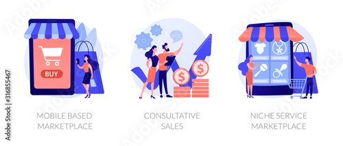 Marketing strategy icons set. Shop gifts and bonuses. Customer relationship management, conversational sales, promotional mix metaphors. Vector isolated concept metaphor illustrations