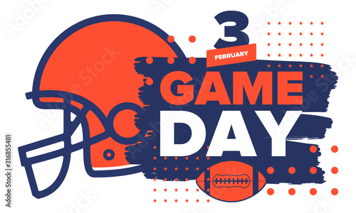 Game Day. American football playoff. Super Bowl Party in United States. Final game of regular season. Professional team championship. Ball for american football. Sport poster. Vector illustration