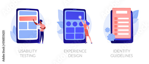 App prototyping icons set. User friendly interface development, branding plan. Usability testing, experience design, identity guidelines metaphors. Vector isolated concept metaphor illustrations
