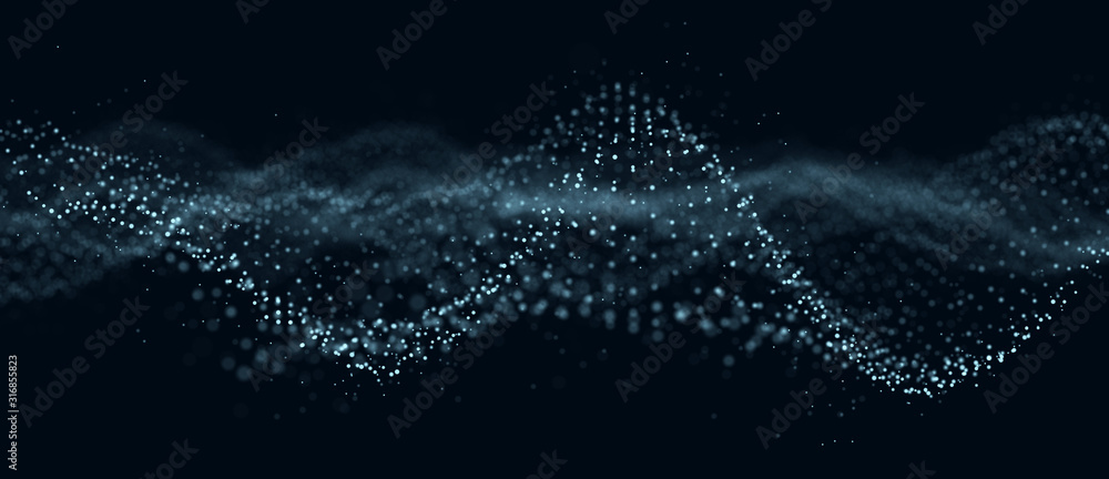 Abstract technology flow background. Futuristic dots background with a dynamic wave. 3d rendering.