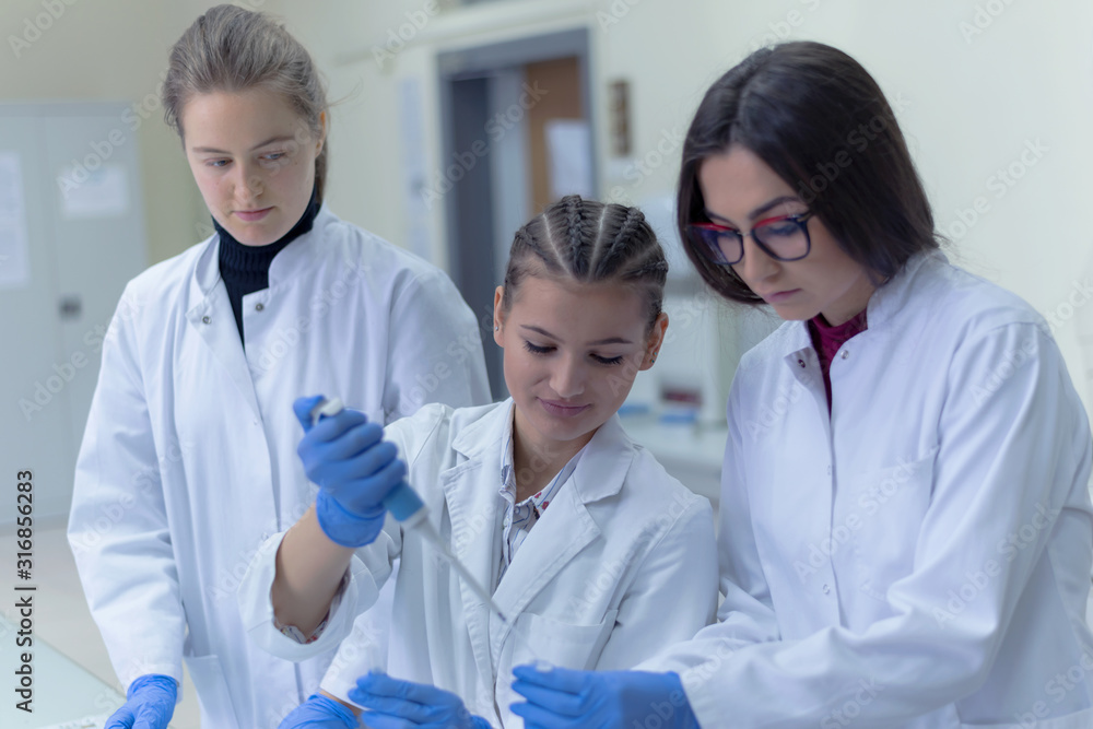 Group of Laboratory scientists working at lab with test tubes, test or research in clinical laboratory.Science, chemistry, biology, medicine and people concept. Group of Laboratory scientists working at lab with test tubes, test or research in clinical laboratory.Science, chemistry, biology, medicine and people concept.