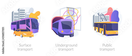 Urban passengers transportation icons set. City commute bus, subway. Surface transport, underground transport, public transport metaphors. Vector isolated concept metaphor illustrations.