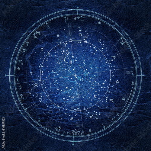 Astrological Celestial Map of The Northern Hemisphere. The General Global Universal Horoscope on January 1, 2020 (00:00 GMT). Detailed Night Sky Chart, Ultraviolet Blueprint (grunge vintage remake). photo