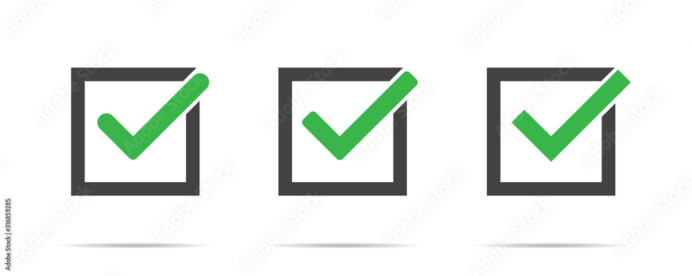 Vettoriale Stock Green check mark vector isolated set of icons in box on  white background. Green tick check mark box sign. Approved ok symbol.  Choice button checklist. | Adobe Stock