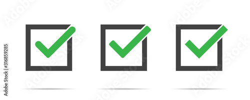 Green check mark vector isolated set of icons in box on white background. Green tick check mark box sign. Approved ok symbol. Choice button checklist.