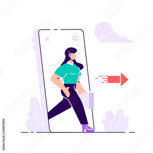 Young woman stepping out of huge phone