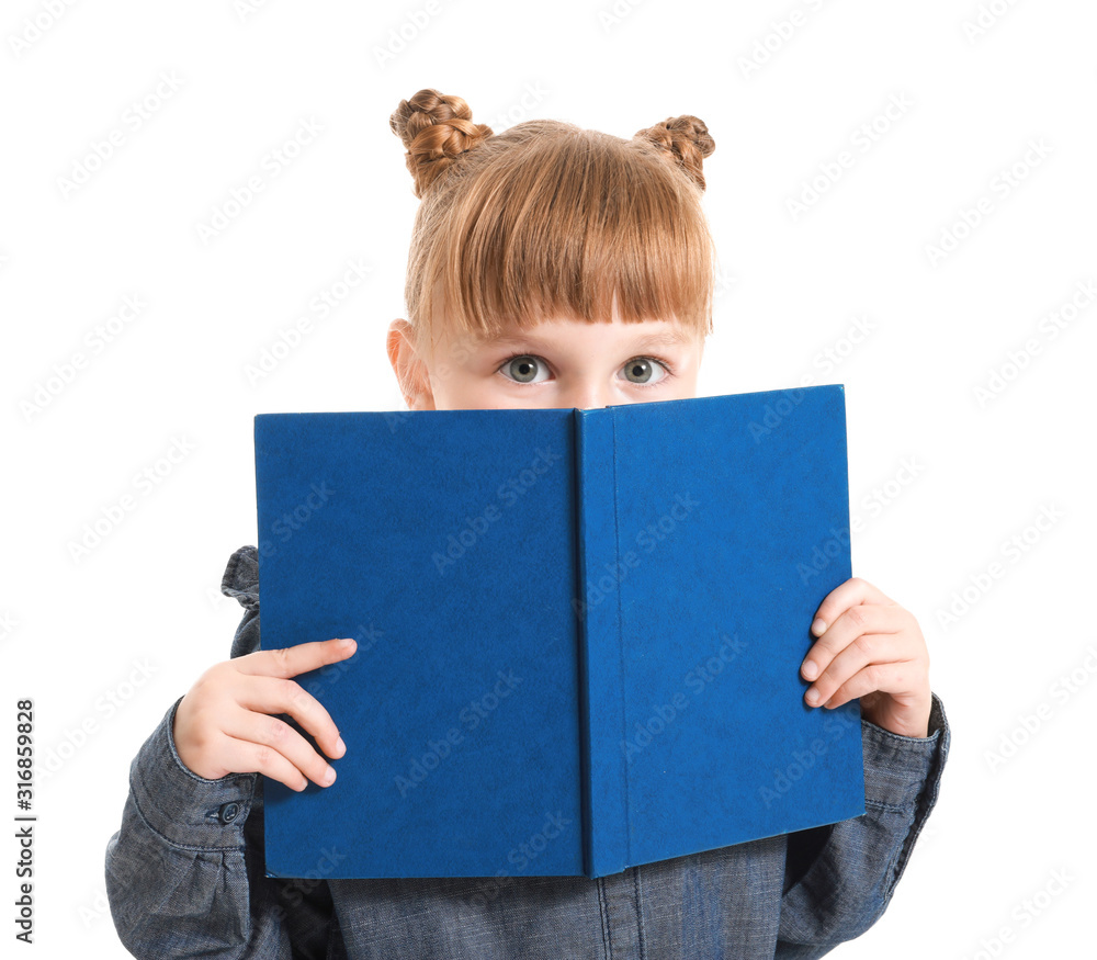 Cute little girl with book on white background Cute little girl with book on white background