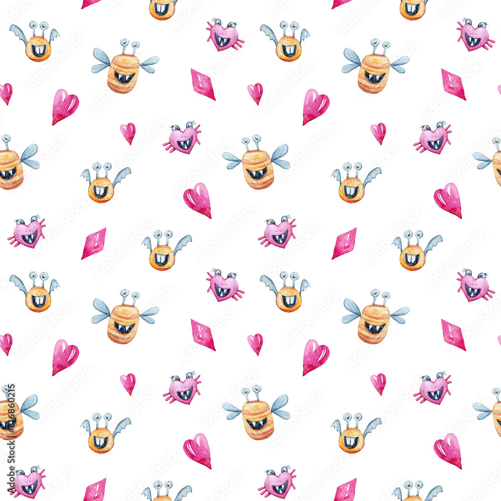 Watercolor seamless pattern with monsters, hearts. Print on white background. Perfect for scrapbooking, wrapping paper,textile, fabric Watercolor seamless pattern with monsters, hearts. Print on white background. Perfect for scrapbooking, wrapping paper,textile, fabric