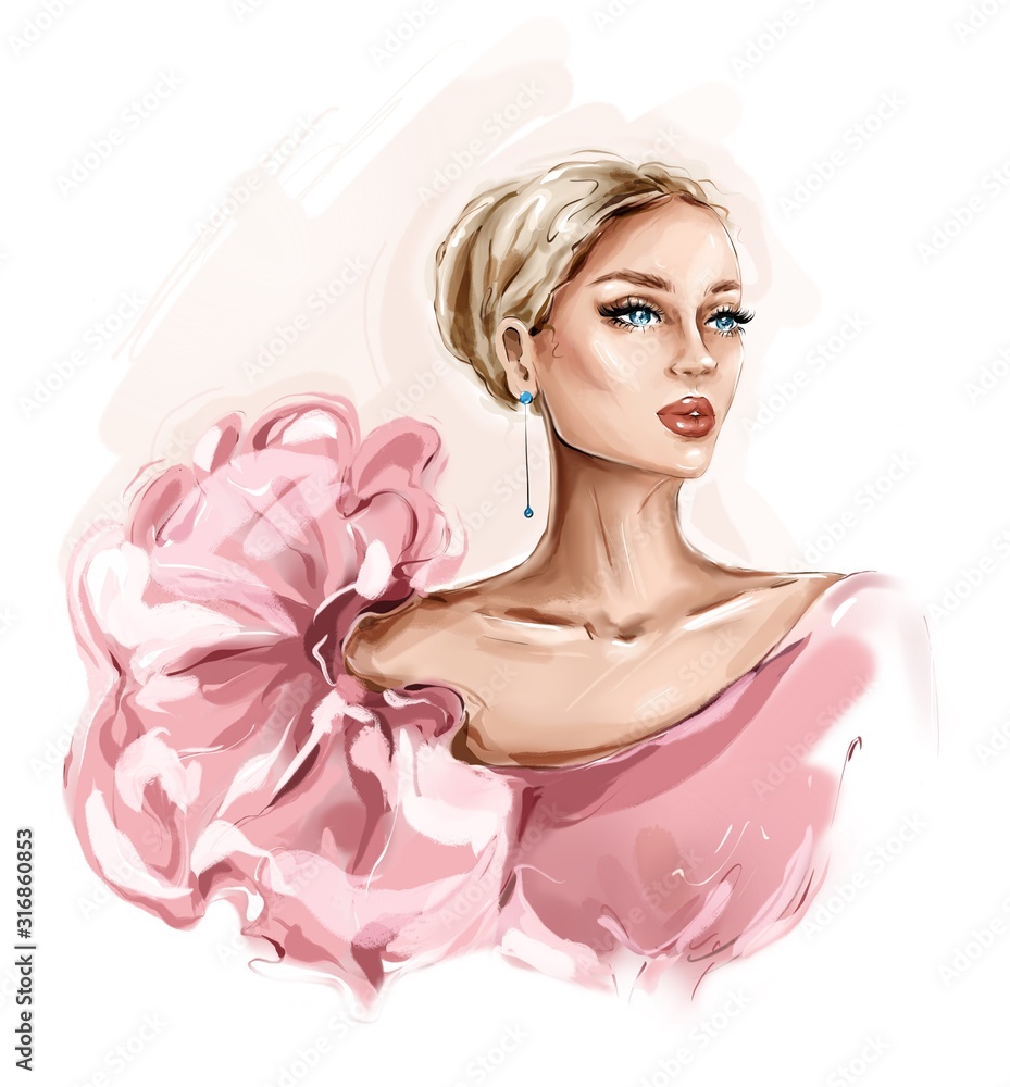 Hand drawn beautiful young woman in pink dress. Stylish girl. Fashion woman look. Sketch. Fashion illustration. - obrazy, fototapety, plakaty 