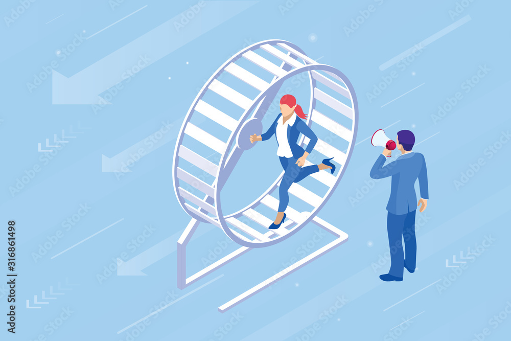 Isometric businessman running in a hamster wheel. The business as hard work, motivation and success concept.