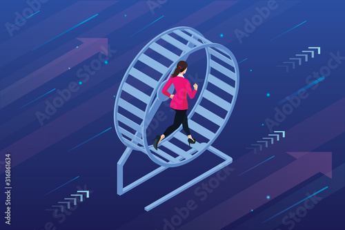 Isometric businessman running in a hamster wheel. The business as hard work, motivation and success concept.