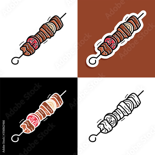 Shish kebab set. Hand drawn doodle Shish kebab on skewers icon collection Vector illustration for backgrounds, textile prints, menu, web and graphic design.