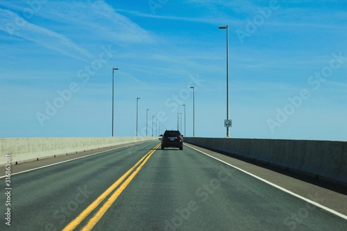 Driving over the longest bridge in Canada: The Confederation Bridge connecting New Brunswick and Prince Edward Island