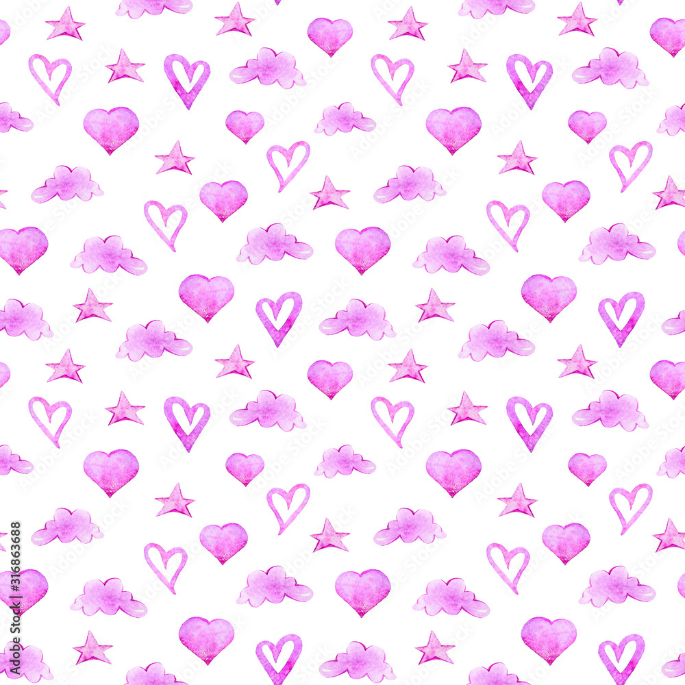 Watercolor hand painted pink hearts seamless pattern. Perfect for pattern, print, scrapbooking paper, greeting card design, wedding invitation. Illustration on white background