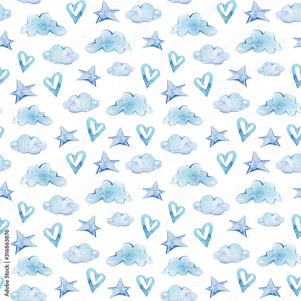 Watercolor hand painted blue hearts seamless pattern. Perfect for pattern, print, scrapbooking paper, greeting card design, wedding invitation. Illustration on white background Watercolor hand painted blue hearts seamless pattern. Perfect for pattern, print, scrapbooking paper, greeting card design, wedding invitation. Illustration on white background