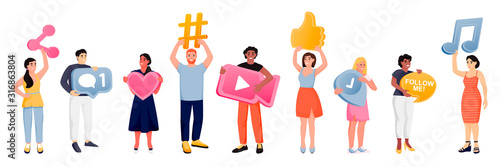 People with social media network symbols. Vector illustration. Men and women with hashtag, like, follow me icons