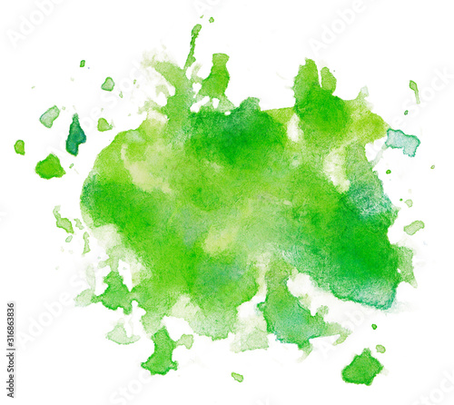 green abstract watercolor stain, grunge droplets splatter. on a white background isolated watercolor drop element for design layout.