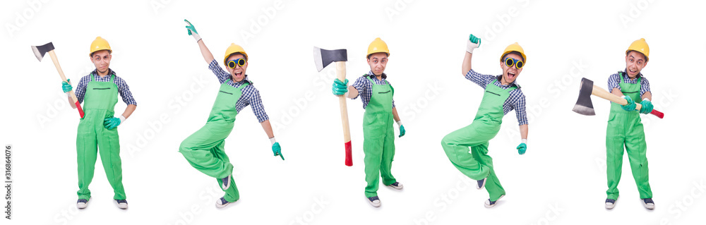 Funny man with axe isolated on white Funny man with axe isolated on white