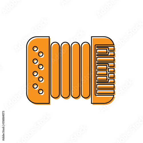 Orange Musical instrument accordion icon isolated on white background. Classical bayan, harmonic.  Vector Illustration