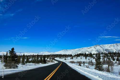 Driving in empty roads of Denali National Park, looking at snow covered mountains