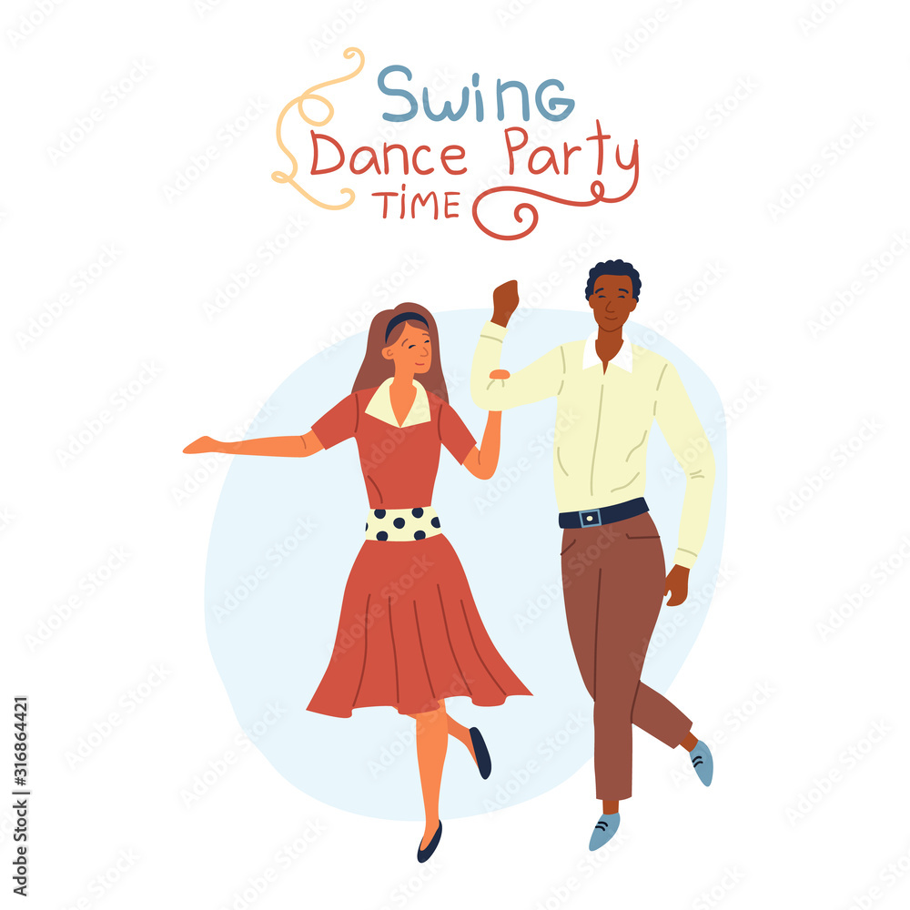 Swing Dance Party Time Concept. Young Pretty Couple is Dancing Swing, Rock and Roll or Lindy Hop on Abstract Background. Flat Style. Vector Illustration Swing Dance Party Time Concept. Young Pretty Couple is Dancing Swing, Rock and Roll or Lindy Hop on Abstract Background. Flat Style. Vector Illustration
