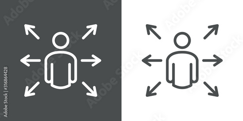 Símbolo decisión. Icono plano lineal hombre con flechas en fondo gris y fondo blanco