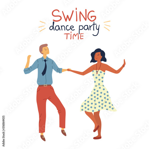 Swing Dance Party Time Concept. Cool Pretty Couple is Dancing Swing  Rock and Roll or Lindy Hop on Abstract Background. Flat Style. Vector Illustration