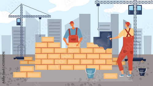 Cartoon Team of Builders is Doing Construction. Character design, The Builder Builds and The Painter Paints the Wall. Flat Style. Vector Illustration