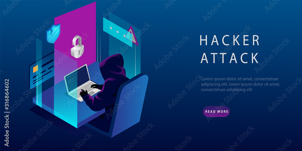 Isometric Internet Hacker Attack and Personal Data Security Concept. The Hacker at the Computer. Computer Security Technology. E-mail Spam Viruses, Bank Account Hacking. Vector Illustration Isometric Internet Hacker Attack and Personal Data Security Concept. The Hacker at the Computer. Computer Security Technology. E-mail Spam Viruses, Bank Account Hacking. Vector Illustration
