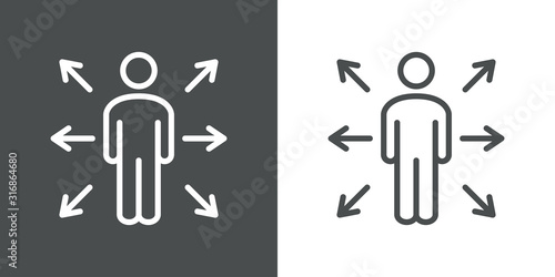 Símbolo decisión. Icono plano lineal hombre con flechas en fondo gris y fondo blanco