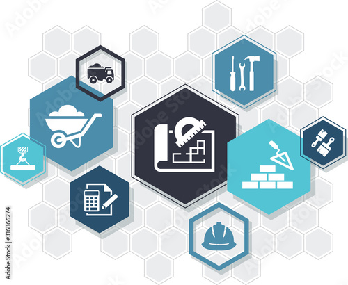 construction and building vector illustration. Abstract concept with icons related to civil engineering, architecture and contracting work. 