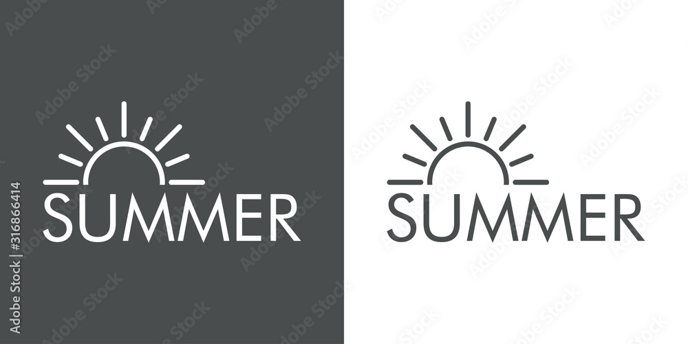 Concepto de vacaciones y viajes. Logotipo lineal sol con texto SUMMER en fondo gris y fondo blanco - obrazy, fototapety, plakaty 