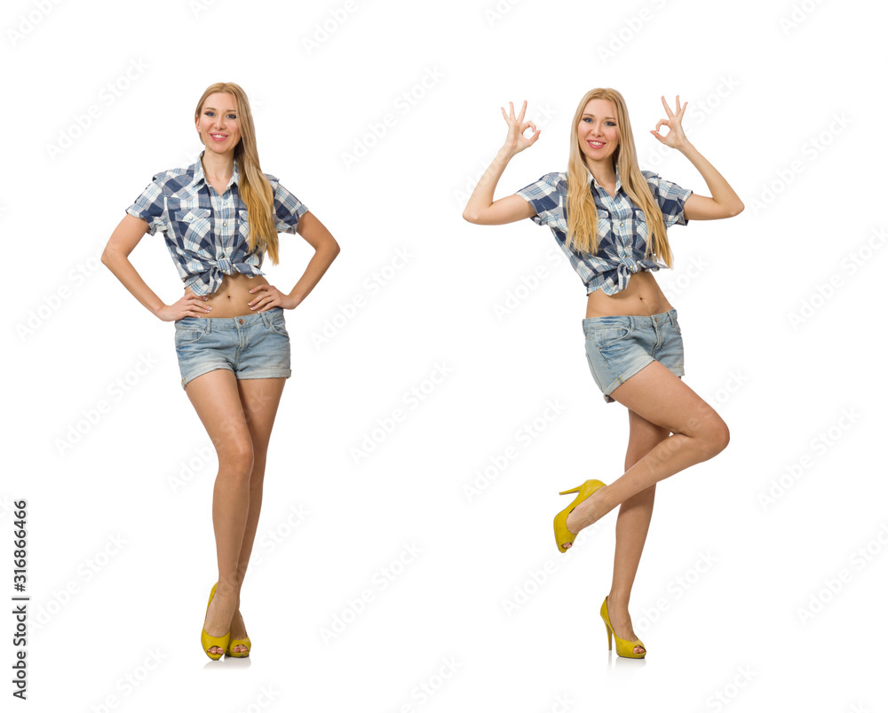 Pretty woman in jeans shorts isolated on white Pretty woman in jeans shorts isolated on white