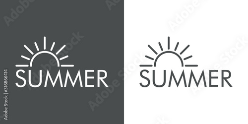 Concepto de vacaciones y viajes. Logotipo lineal sol con texto SUMMER en fondo gris y fondo blanco